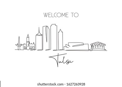 Single Continuous Line Drawing Tulsa City Skyline, Oklahoma. Famous City Scraper And Landscape. World Travel Concept Home Wall Decor Art Poster Print. Modern One Line Draw Design Vector Illustration