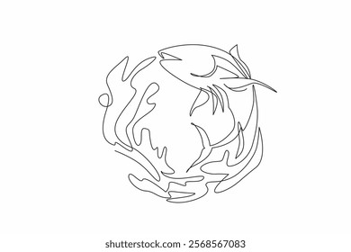 Single continuous line drawing tuna jumps and there is a water splash in the shape of a semicircle. Logo. Emblem. Badge. Related to fish and sea. World Tuna Day. One line design vector illustration