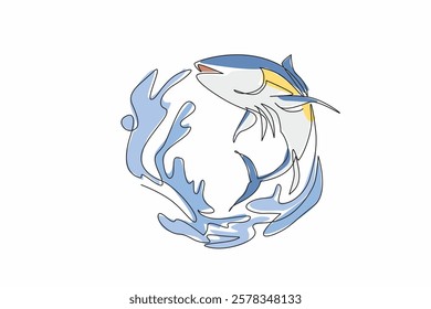 Single continuous line drawing tuna jumps and there is a water splash in the shape of a semicircle. Logo. Emblem. Badge. Related to fish and sea. World Tuna Day. One line design vector illustration