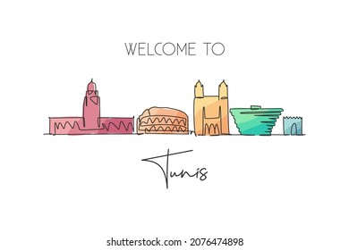 Single continuous line drawing of Tunis city skyline; Tunisia. Famous city scraper and landscape home wall decor print poster art. World travel concept. Modern one line draw design vector illustration