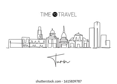 Single continuous line drawing of Turin city skyline, Italy. Famous skyscraper landscape postcard. World travel home wall decor poster print concept. Modern one line draw design vector illustration