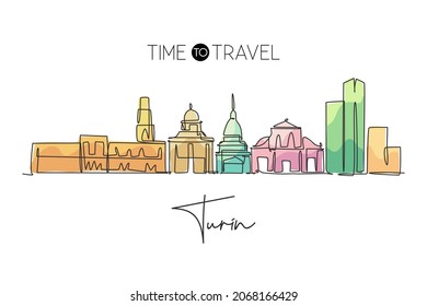 Single continuous line drawing of Turin city skyline, Italy. Famous skyscraper landscape postcard. World travel home wall decor poster print concept. Modern one line draw design vector illustration