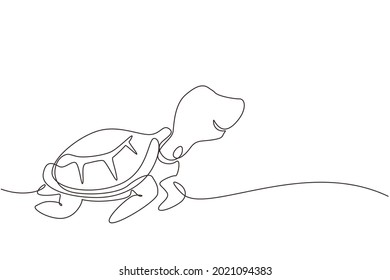 Single continuous line drawing turtle for marine company logo identity. Adorable creature reptile animal mascot concept for conservation foundation. One line draw graphic design vector illustration