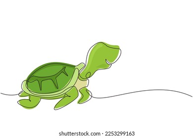 Single continuous line drawing turtle for marine company logo identity. Adorable creature reptile animal mascot concept for conservation foundation. One line draw graphic design vector illustration