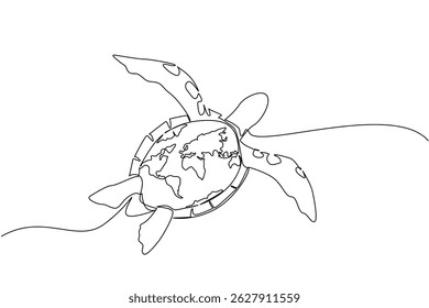 Single continuous line drawing turtle swimming with a world map on its belly. Symbolism of the decreasing number of turtles in the world. Adrift. World Turtle Day. One line design vector illustration