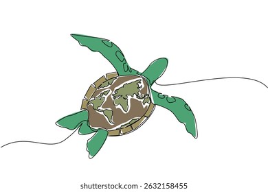 Single continuous line drawing turtle swimming with a world map on its belly. Symbolism of the decreasing number of turtles in the world. Adrift. World Turtle Day. One line design vector illustration