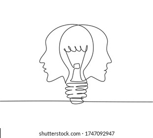 Single continuous line drawing twin human face and light bulb in the middle logo label  Psychology mind inspiration icon label concept  Trendy one line draw graphic design vector illustration