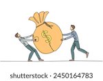 Single continuous line drawing two businessman fighting over the big money bag. Fighting for additional capital after several shares were released to the public. One line design vector illustration