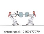 Single continuous line drawing two emotional Arabian businessman fighting over office chair. A rare luxury office chair to be used in a new office. Businessman conflict. One line vector illustration