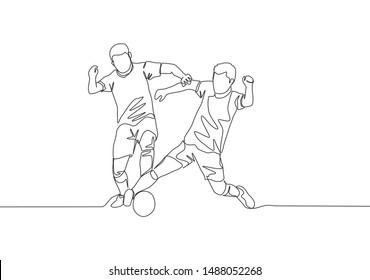 Single continuous line drawing of two football players fighting for the ball at the game. Soccer match sports concept. One line draw design vector illustration