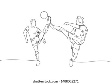Single continuous line drawing of two young energetic opposite football players kick the ball together to get the ball. Soccer match sports concept. One line draw design vector illustration