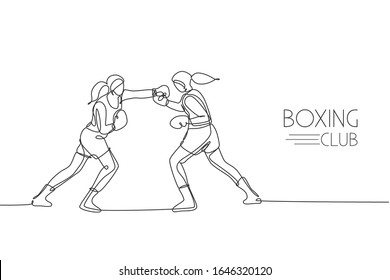 Single continuous line drawing of two young agile women boxer sparring in boxing ring. Fair combative sport concept. Trendy one line draw design vector illustration for boxing game promotion media