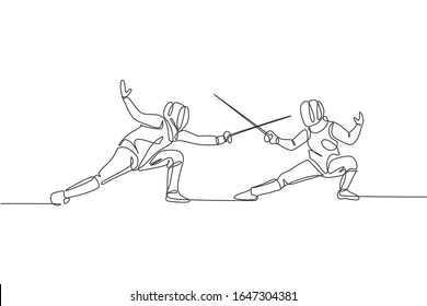 Single continuous line drawing of two young fencer athlete men in fencing mask and rapier duel at arena. Competitive fighting sport competition concept. Trendy one line draw design vector illustration