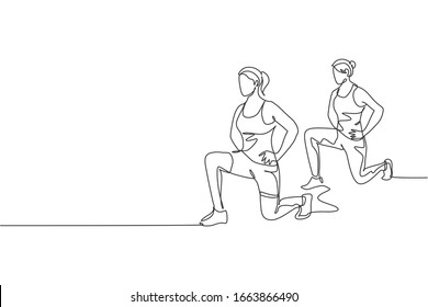 Single continuous line drawing two of young sportive women training and stretching together in sport gymnasium club center. Fitness stretching concept. Trendy one line draw design vector illustration