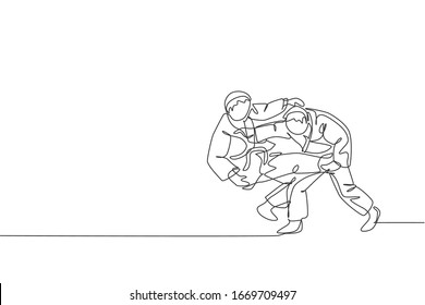 Single continuous line drawing of two young sportive judoka fighter men practice judo skill at dojo gym center. Fighting jujitsu, aikido sport concept. Trendy one line draw design vector illustration