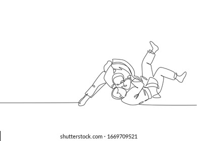 Single continuous line drawing of two young sportive judoka fighter men practice judo skill at dojo gym center. Fighting jujitsu, aikido sport concept. Trendy one line draw design vector illustration