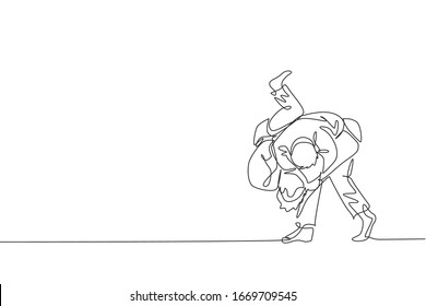 Single continuous line drawing of two young sportive judoka fighter men practice judo skill at dojo gym center. Fighting jujitsu, aikido sport concept. Trendy one line draw design vector illustration