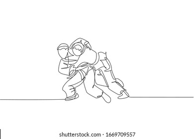 Single continuous line drawing of two young sportive judoka fighter men practice judo skill at dojo gym center. Fighting jujitsu, aikido sport concept. Trendy one line draw design vector illustration