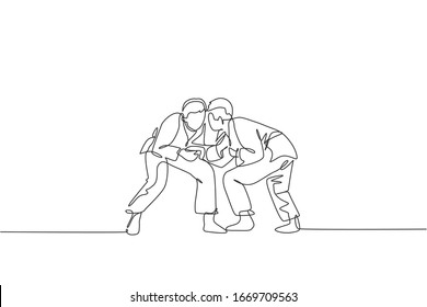 Single continuous line drawing of two young sportive judoka fighter men practice judo skill at dojo gym center. Fighting jujitsu, aikido sport concept. Trendy one line draw design vector illustration