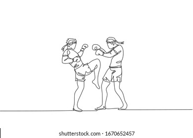 Single continuous line drawing of two young sportive men training thai boxing at gym club center. Combative muay thai sport concept. Competition event. Trendy one line draw design vector illustration