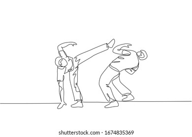 Single continuous line drawing of two young sportive men practice Brazilian capoeira move dance at outdoor street. Culture martial art sport concept. Trendy one line draw design vector illustration