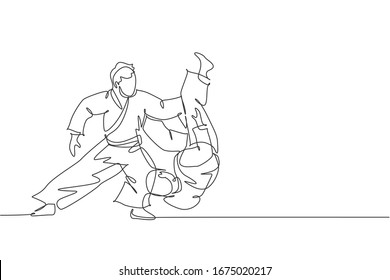 Single continuous line drawing of two young sportive men wearing kimono practice throeing in aikido fighting technique. Japanese martial art concept. Trendy one line draw design vector illustration