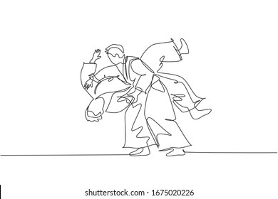 Single continuous line drawing of two young sportive man wearing kimono practice slamming in aikido fighting technique. Japanese martial art concept. Trendy one line draw design vector illustration