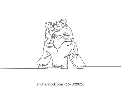Single continuous line drawing of two young sportive man wearing kimono practice aikido technique woth sparring fight. Japanese martial art concept. Trendy one line draw design vector illustration