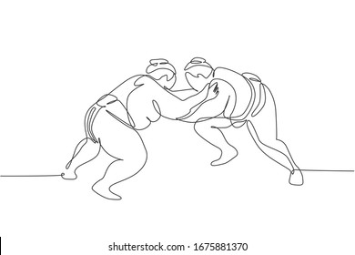 Single continuous line drawing two young big fat Japanese sumo men training fight at arena gym center. Traditional festival martial art concept. Trendy one line draw design vector illustration graphic