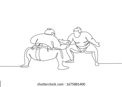 Single continuous line drawing two young big fat Japanese sumo men training fight at arena gym center. Traditional festival martial art concept. Trendy one line draw design graphic vector illustration