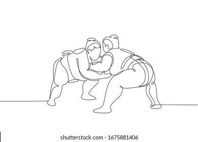 Single continuous line drawing two young big fat Japanese sumo men training fight at arena gym center. Traditional festival martial art concept. Trendy one line draw design vector illustration graphic