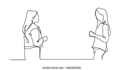 Single continuous line drawing of two woman startup founders have a business talk. Business chat concept one line draw design illustration