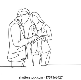 Single Continuous Line Drawing Of Two Young Male And Female Director Watching Company Growth Chart On Screen Tablet. Business Growth Concept. Trendy One Line Draw Design Vector Graphic Illustration