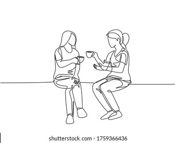 Single continuous line drawing of two young female worker have a casual chat over drink coffee during office break. Having small talk at work concept one line draw graphic design vector illustration