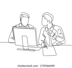 Single continuous line drawing of two young happy business owner discussing product innovation with partner. Brainstorming during business meeting concept one line draw design vector illustration