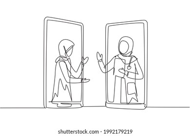 Single continuous line drawing two smartphones face to face and contain hijab female patient and hijab female doctor with their bodies as if coming out of a smartphone. One line draw graphic design