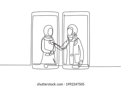 Single continuous line drawing two smartphones facing each other with hijab female doctor checking heart rate of female patient using stethoscope. One line draw graphic design vector illustration