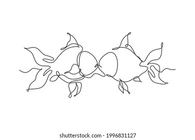 Single continuous line drawing two goldfishes kissing underwater. Pair of cute pets. Live in aquarium together. Happy romantic couple symbol. Dynamic one line draw graphic design vector illustration