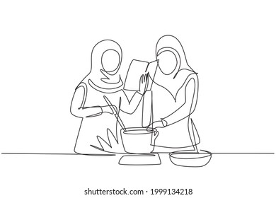 Single continuous line drawing two Arab woman cooking while reading book she is holding. Healthy food lifestyle concept. Cooking at home. Prepare food. One line draw graphic design vector illustration