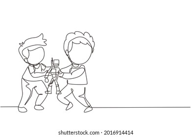 Single Continuous Line Drawing Two Little Boys Fighting Over A Robot Toy. Conflict Between Children. Kids Sibling Fighting In Playroom Because Of Doll. One Line Draw Graphic Design Vector Illustration