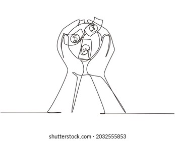 Single continuous line drawing two hands carrying bag of potting money seedlings to be planted into soil. Money, saving and investment or family planning concept. One line draw graphic design vector