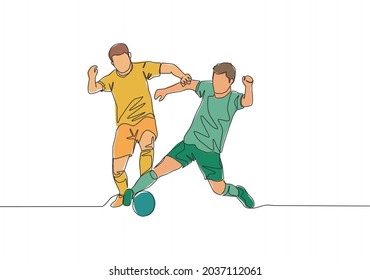 Single continuous line drawing of two football players fighting for the ball at the game. Soccer match sports concept. One line draw design vector illustration