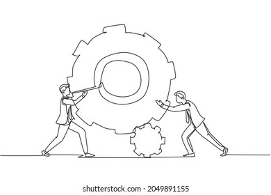 Single Continuous Line Drawing Two Businessmen Help Each Other Pushing Big Cog. People Push Gear, Team Of Business Tech Holding Gear Collaboration Solution. One Line Draw Design Vector Illustration