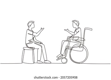 Single continuous line drawing two people sitting chatting  one using chair  one using wheelchair  Friendly man are talking to each other  human disabled society  One line design vector illustration