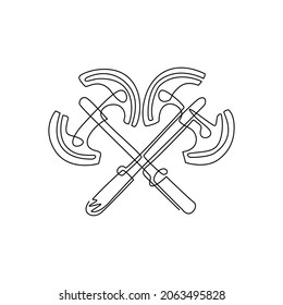 Single continuous line drawing two crossed broad axe, medieval axe, battle axe, executioner axe. Element for woodworking or lumberjack emblem or icon. One line draw graphic design vector illustration