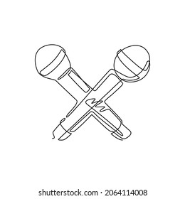 Single continuous line drawing two microphones crossed logo. Social media influence, broadcasting concept. Karaoke party, rap battle, audio equipment. One line draw graphic design vector illustration