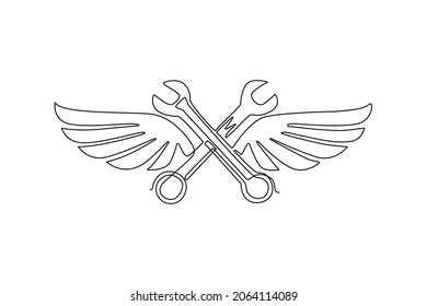 Single continuous line drawing two crossed wrench with wings. Auto mechanic car repair shop icon with wings. Fast car service, vehicle maintenance. One line draw graphic design vector illustration