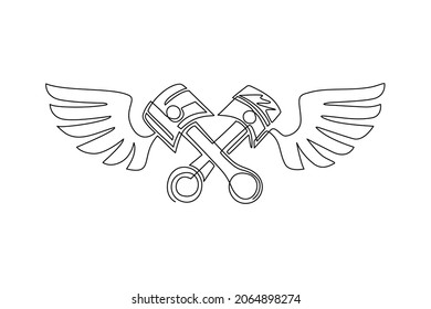 Single continuous line drawing two crossed piston with wings icon. Advertises repair services. Automotive and motorcycle workshop symbol logo. Dynamic one line draw graphic design vector illustration