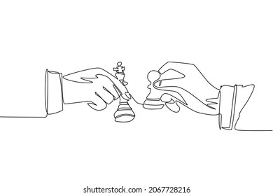 Single continuous line drawing two man's hands with king and pawn chess pieces. Vintage engraving stylized drawing. Sport, competition, competitive. One line draw graphic design vector illustration