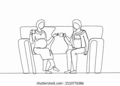 Single continuous line drawing two Arabic pregnant girls are sitting on couch. They drink tea, talk, share secrets. Friends, neighbors. Cozy evening with hot drink. One line draw graphic design vector
